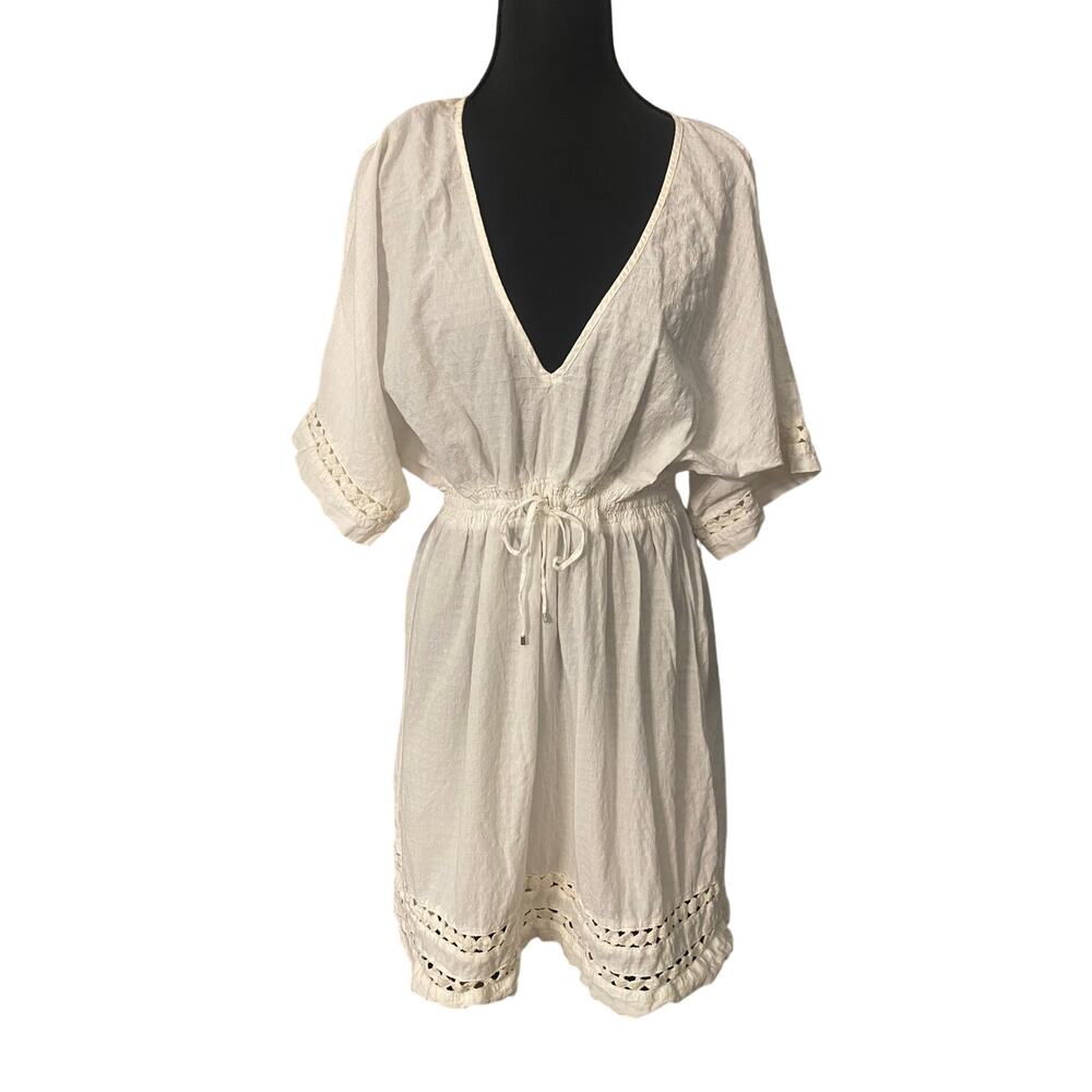 Athleta White Eyelet Cotton Plunge Neck Drawstring Waist Coastal Beach Dress Med